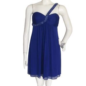 CACHE Evening Dress, XS/S, Blue, Mini, 1 strap, Beaded/Loose, Chiffon